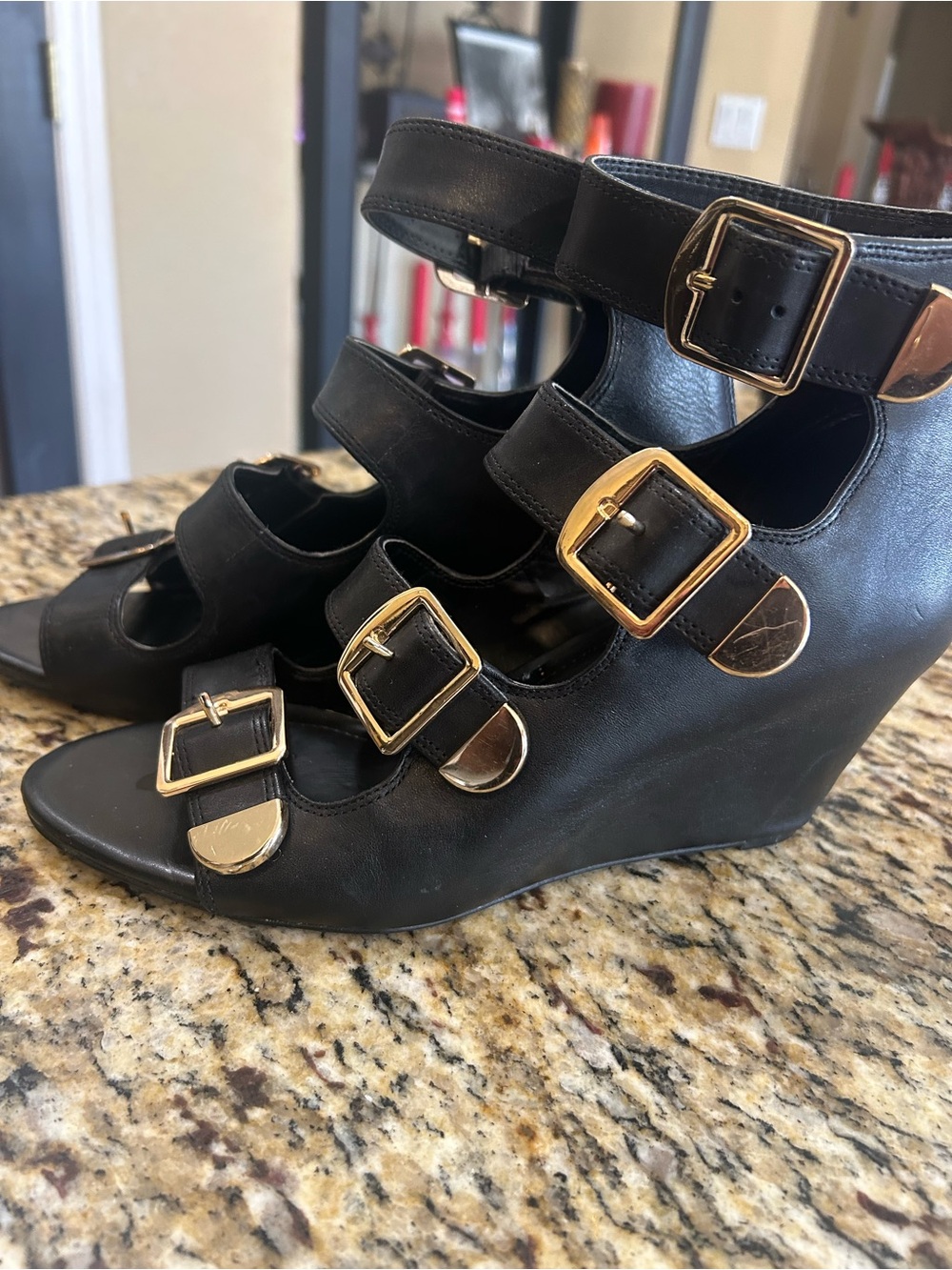 BCBG Black Wedge Sandals with Gold Buckles